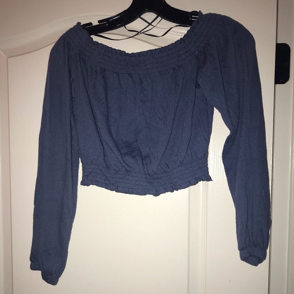 blue, cropped, off the shoulder, long sleeve